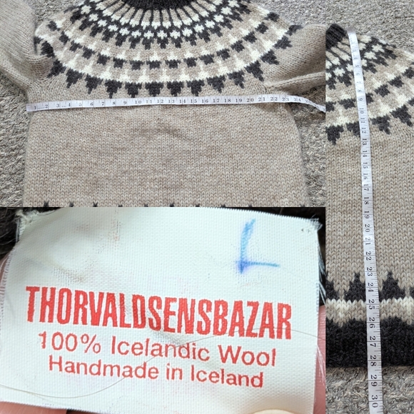 Vintage Thorvaldsens Bazar Icelandic Tan Cream Brown Wool Sweater L - Picture 8 of 8